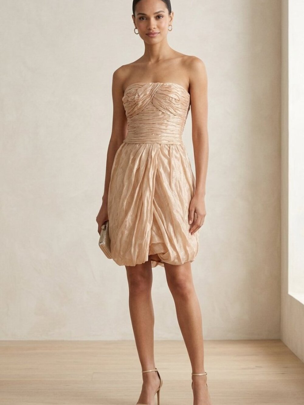 Ralph Lauren Black Label Strapless Ruched Metallic Cocktail Dress Champagne Gold
